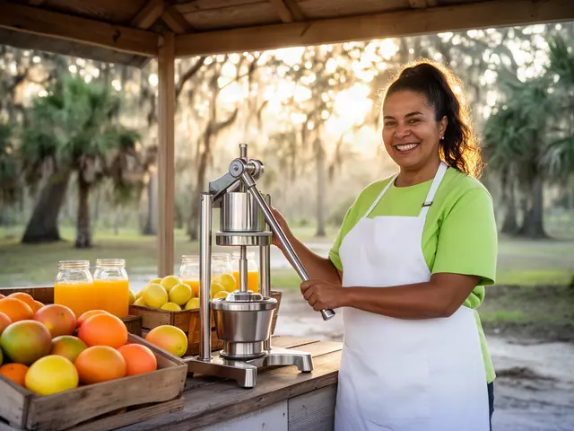 A juice-stand owner pulling the lever of a new steel citrus press beside crates of oranges.