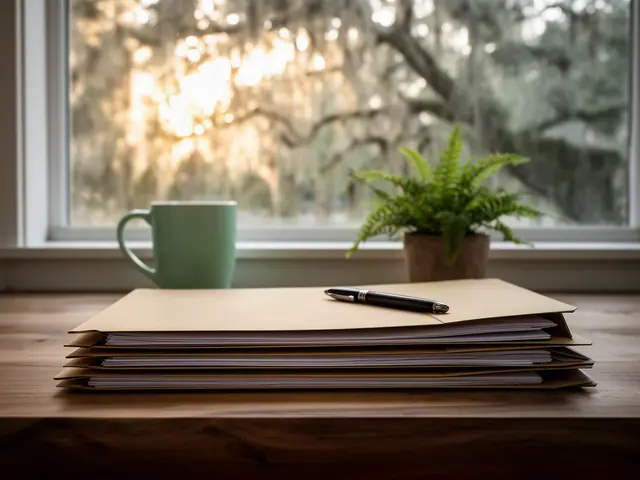 A neat stack of closed manila folders and a pen on a desk by a window.