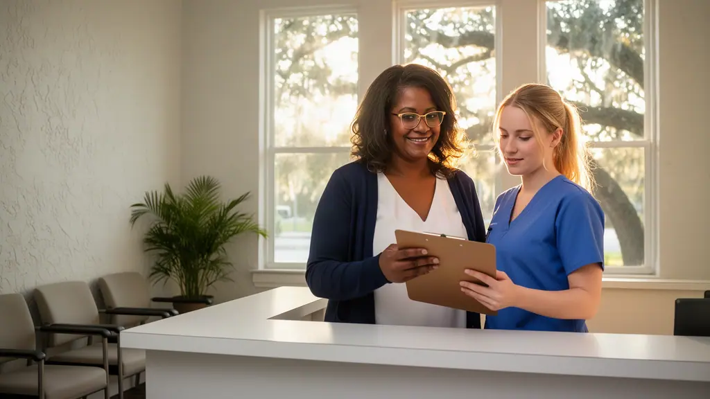 A practice manager and a nurse reviewing the day on a clipboard at a sunlit reception counter.