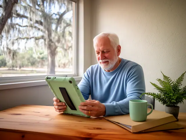 A man with short white hair reviewing a tablet at a desk in a small back office.