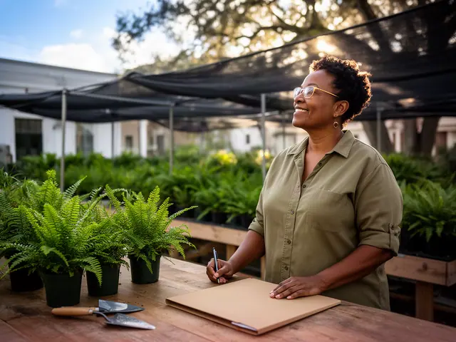 A nursery owner with potted Boston ferns at a wooden bench in a shade house.